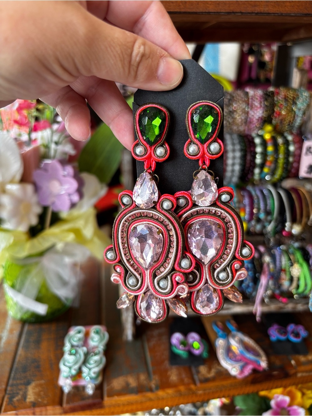 Pink and Green Crystal Drop Earrings for Women
